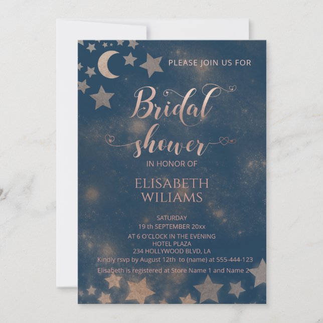 Celestial romantic moon and stars calligraphy invitation (Front)