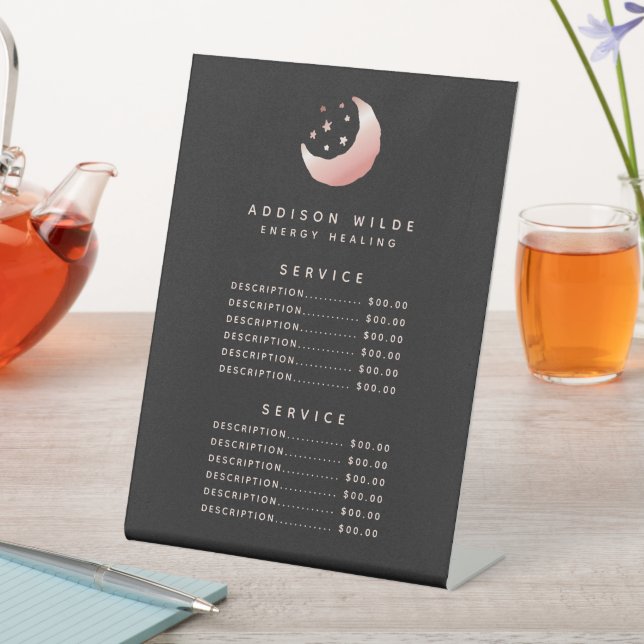 Celestial Rose Gold Crescent Moon Service Price Pedestal Sign (In SItu)