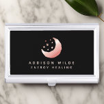 Celestial Rose Gold Crescent Moon Stars Logo Business Card Holder<br><div class="desc">Celestial Rose Gold Crescent Moon Stars Logo Business Card Case. This elegant modern trendy business design features a moon and stars on a solid black background. Personalise this custom design with your own details.</div>