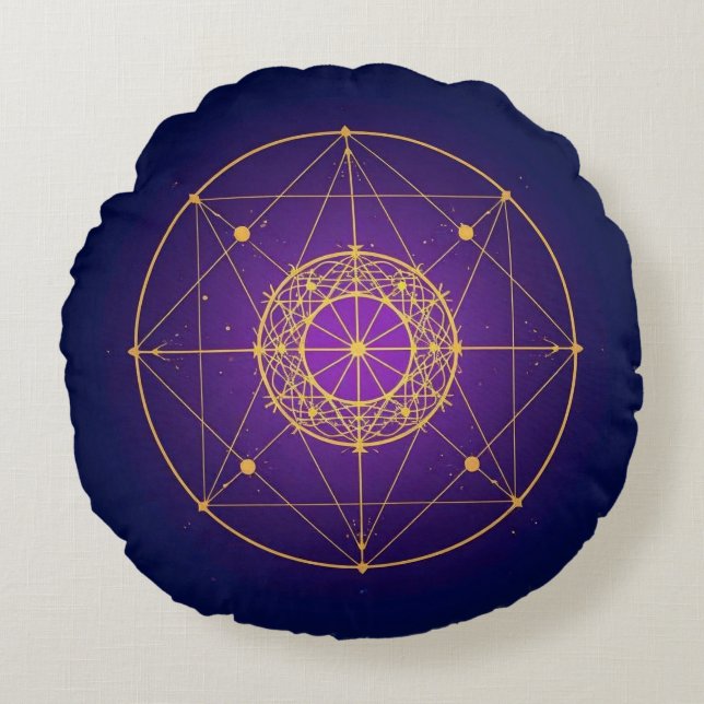 Celestial Sacred Mandala – Mystic Geometry Round Cushion (Front)