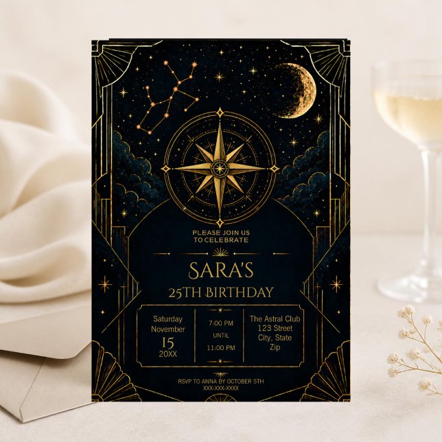 Celestial Sagittarius 25th Birthday Invitation (Celestial Sagittarius 25th birthday invitation with black gold stars and elegant Art Deco style.)