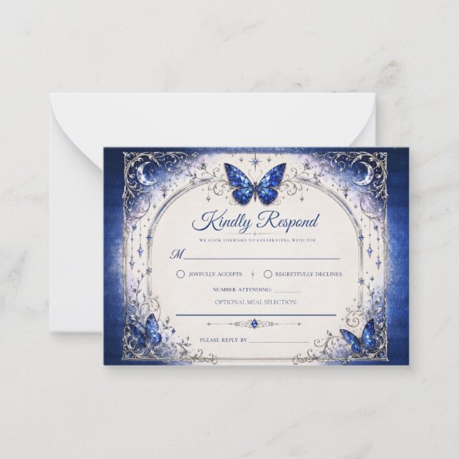 Celestial Sapphire Wings Wedding RSVP Card (Front)