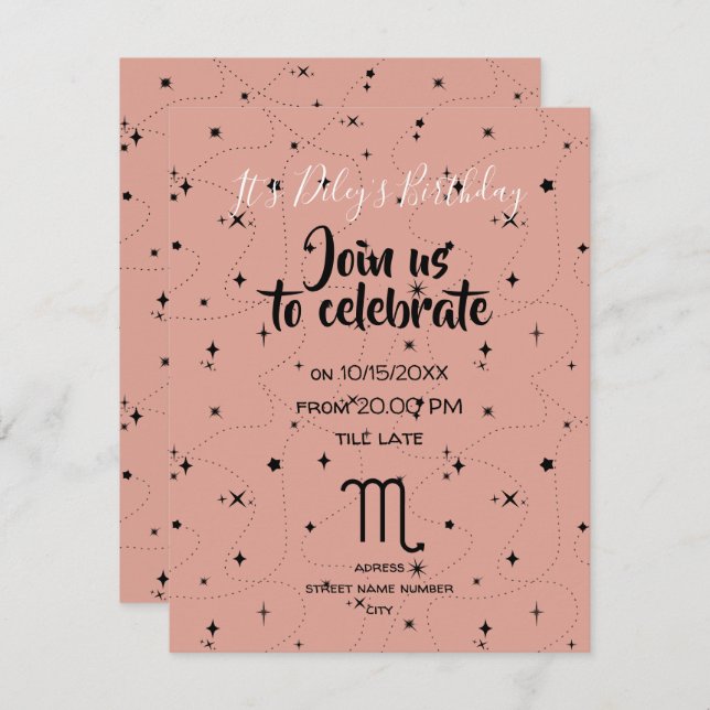 celestial Scorpio old rose stars birthday invite  (Front/Back)