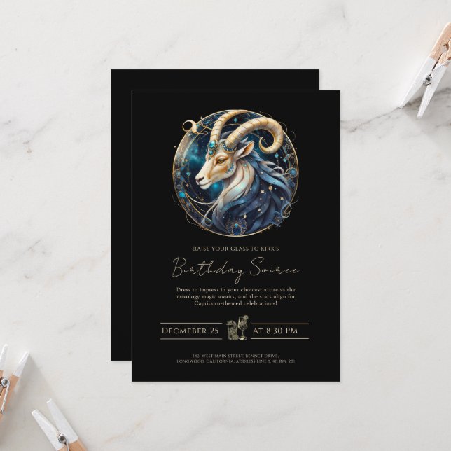 Celestial Sea Goat Star Sign Black Gold Capricorn Invitation (Front/Back In Situ)