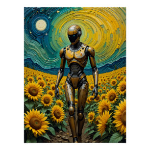 Celestial Sentience: Robot in Sunflower Fields Poster