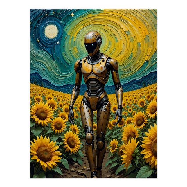 Celestial Sentience: Robot in Sunflower Fields Poster (Front)