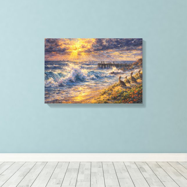 Celestial Shores: A Coastal Impasto Sunset Canvas Print (Insitu(Wood Floor))