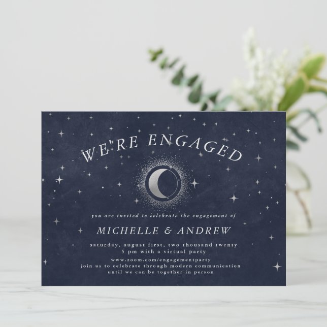 Celestial Silver Crescent Moon Virtual Engagement Invitation (Standing Front)