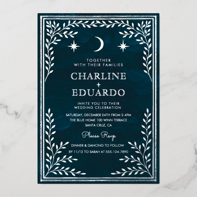 Celestial Silver Foil Gothic Wedding Invitation wi (Front)