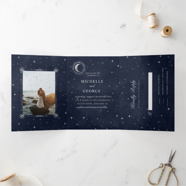 Celestial Silver Moon Tri Fold Wedding Invitation (Inside)