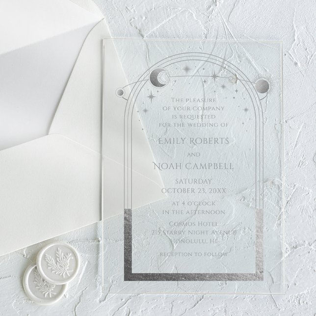 Celestial Silver Sun Moon Astronomy Wedding Acrylic Invitations (Creator Uploaded)