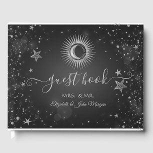 Celestial Silver Sun,Moon,Stars Dark Guest Book