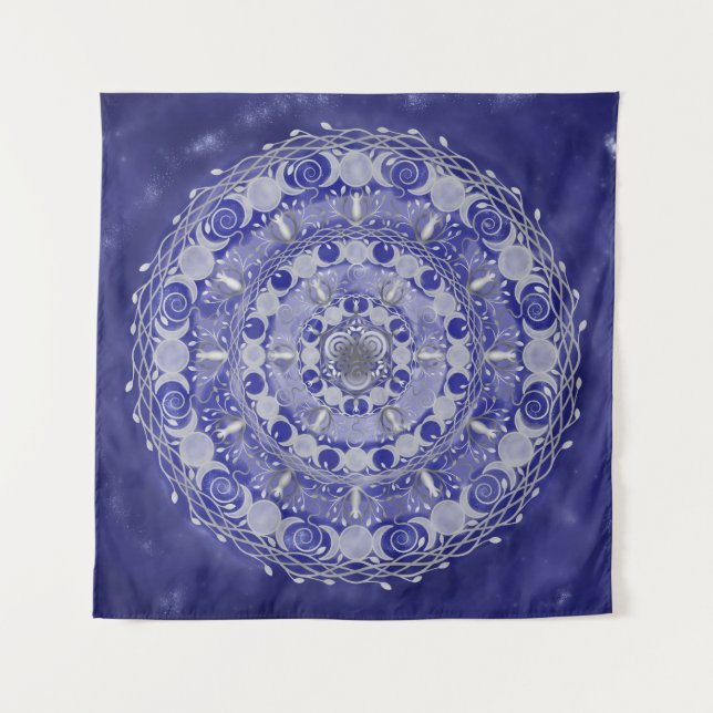 Celestial Silver Triple Moon Goddess Mandala Tapestry (Front)