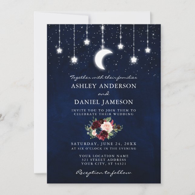 Celestial Sky Moon Stars Floral Lights Wedding Invitation (Front)