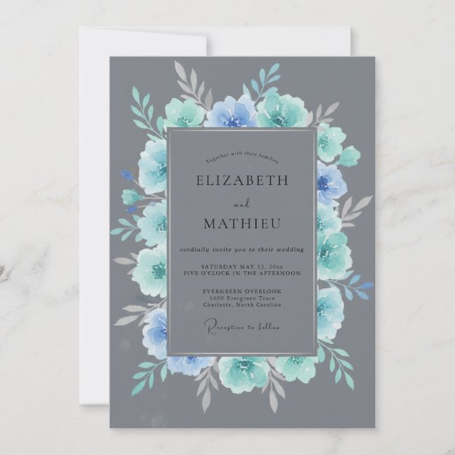 Celestial Slate Aqua Wreath Wedding Invitation (Front)