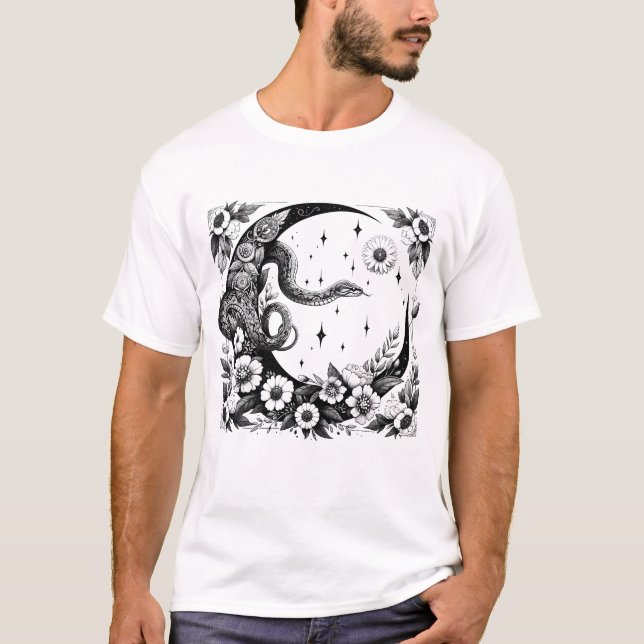 Celestial Snake Botanical Crescent Moon Goth T-Shirt (Front)