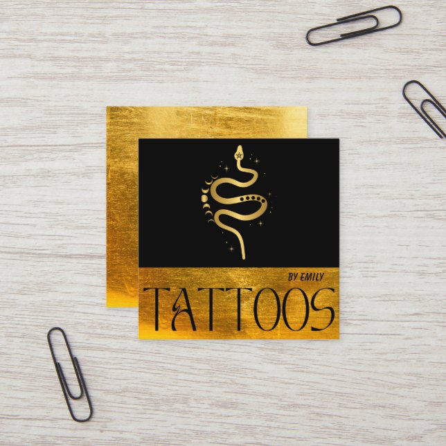 Celestial Snake Tattoo Salon Gold Metallic Square Business Card (Front/Back In Situ)