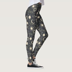 celestial space sun moon galaxy planet beige leggings