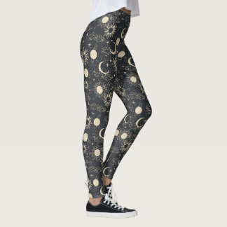 celestial space sun moon galaxy planet beige leggings