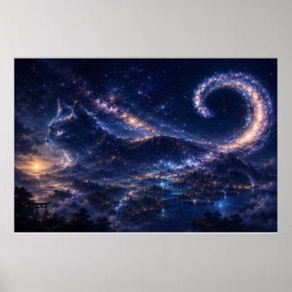Celestial Spirit Cat Beneath the Galaxy Moon Poster