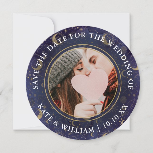 Celestial Spiritual Gold Stars Moon Stars Wedding Save The Date (Front)