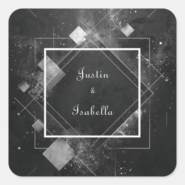 Celestial Splash Geometric Elegant Black Wedding Square Sticker (Front)