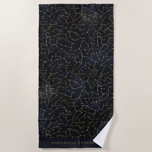 celestial star constellation gold and navy blue beach towel (Front)