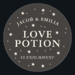 Celestial star love potion wedding cocktail favour classic round sticker<br><div class="desc">This love potion sticker features a celestial design with a title surrounded by stars in a cream and black colour palette. This would be perfect at a celestial,  spooky or mystical themed wedding as packaging for a drink,  cocktail or wedding favour.</div>