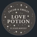 Celestial star love potion wedding cocktail favour classic round sticker<br><div class="desc">This love potion sticker features a celestial design with a title surrounded by stars in a cream and black colour palette. This would be perfect at a celestial,  spooky or mystical themed wedding as packaging for a drink,  cocktail or wedding favour.</div>