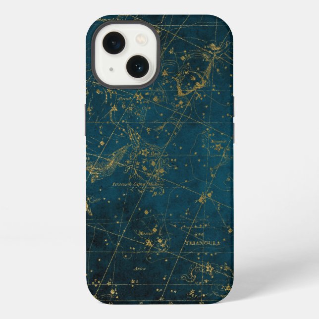 Celestial star map constellation blue gold galaxy iPhone case (Back)