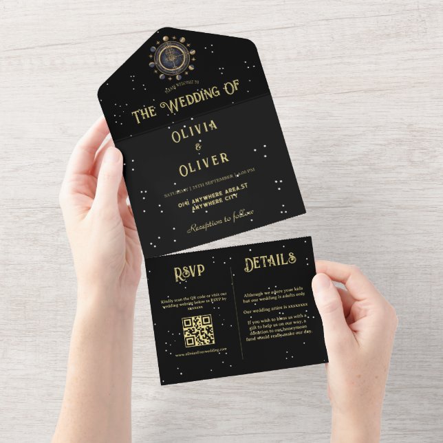 Celestial star QR code astrology themed wedding  All In One Invitation (Tearaway)