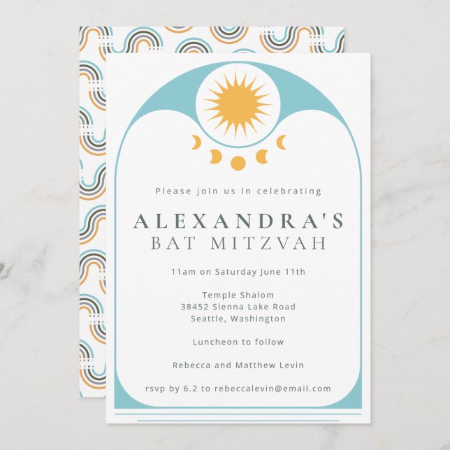 Celestial Star Sun Yellow Blue Modern Bat Mitzvah Invitation (Front/Back)