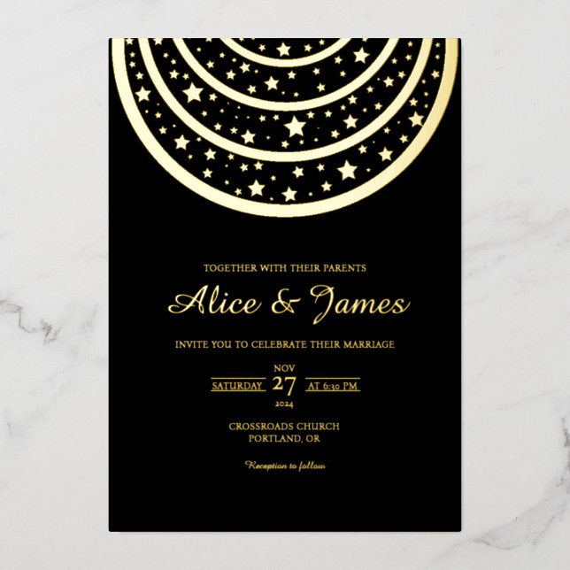 Celestial Starry Elegant Black Gold Foil Wedding (Front)
