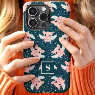 Celestial Starry Flying Pigs Monogrammed iPhone 15 Case