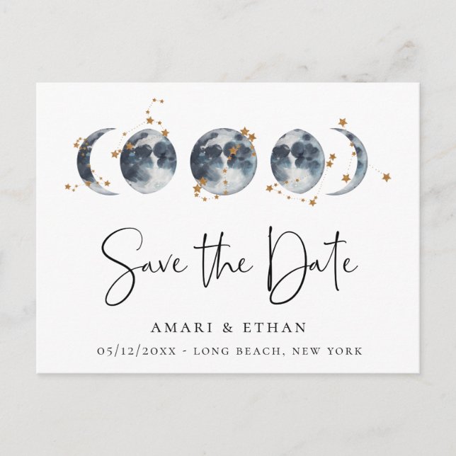 Celestial Starry Moon Phase Save the Date Announcement Postcard (Front)