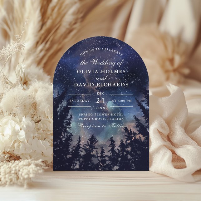 Celestial Starry Night Arch Wedding Invitation (Starry Night Forest Wedding Arch Shape Invitation on a neutral boho wedding table.)