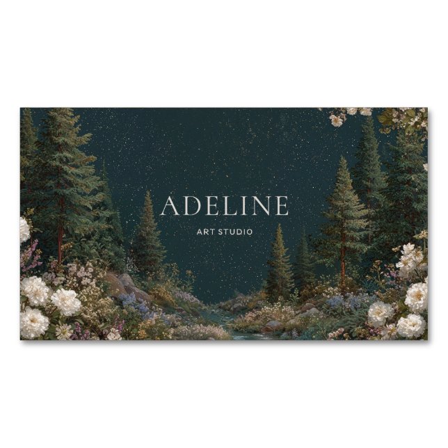 Celestial Starry Night Forest Floral  Magnetic Business Card (Front)
