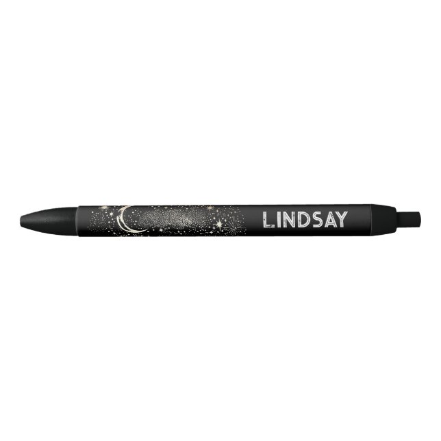 Celestial Starry Night Moon and Stars Black Black Ink Pen (Front)