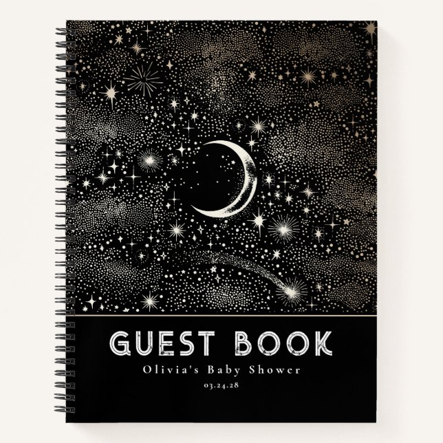 Celestial Starry Night Moon and Stars Black Notebook (Front)