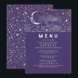Celestial Starry Night Moon Wedding Menu Invitation<br><div class="desc">Starry night and crescent moon purple and gold wedding menu cards</div>