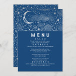 Celestial Starry Night Moon Wedding Menu Invitation<br><div class="desc">Starry night and crescent moon navy blue and silver wedding menu cards</div>