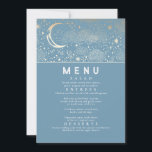 Celestial Starry Night Moon Wedding Menu Invitation<br><div class="desc">Starry night and crescent moon dusty blue and gold wedding menu cards</div>