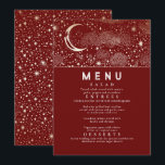 Celestial Starry Night Moon Wedding Menu Invitation<br><div class="desc">Starry night and crescent moon burgundy red and gold wedding menu cards</div>