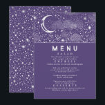 Celestial Starry Night Moon Wedding Menu Invitation<br><div class="desc">Starry night and crescent moon purple and silver wedding menu cards</div>