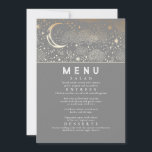 Celestial Starry Night Moon Wedding Menu Invitation<br><div class="desc">Starry night and crescent moon grey and gold wedding menu cards</div>