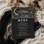 Celestial Starry Night Moon Wedding Menu Invitation<br><div class="desc">Starry night and crescent moon black and gold wedding menu cards</div>