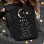Celestial Starry Night Moon Wedding Menu Invitation<br><div class="desc">Starry night and crescent moon black and gold wedding menu cards</div>