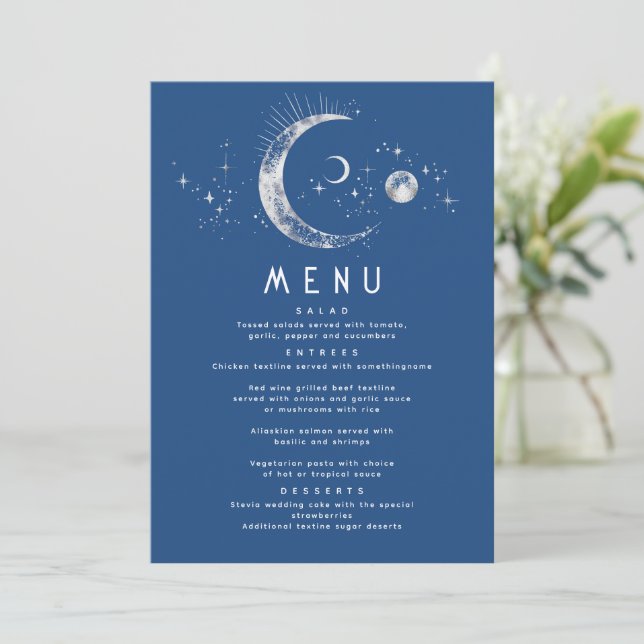 Celestial Starry Night Moon Wedding Menu Invitation (Standing Front)