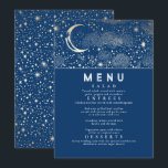 Celestial Starry Night Moon Wedding Menu Invitation<br><div class="desc">Starry night and crescent moon navy blue and gold wedding menu cards</div>