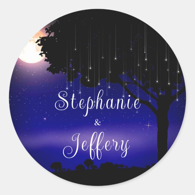 Celestial Starry Night Tree String Light Wedding Classic Round Sticker (Front)